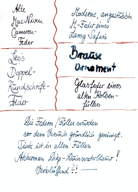 Die Tinte wirkt von dunkel-grün-schwarz (MacNiven, Leo's, Glasfeder) über blauschwarz (Ornamentfeder) bis hin zu einem dunklen türkis mit grünschwarzem Shading (LAMY).