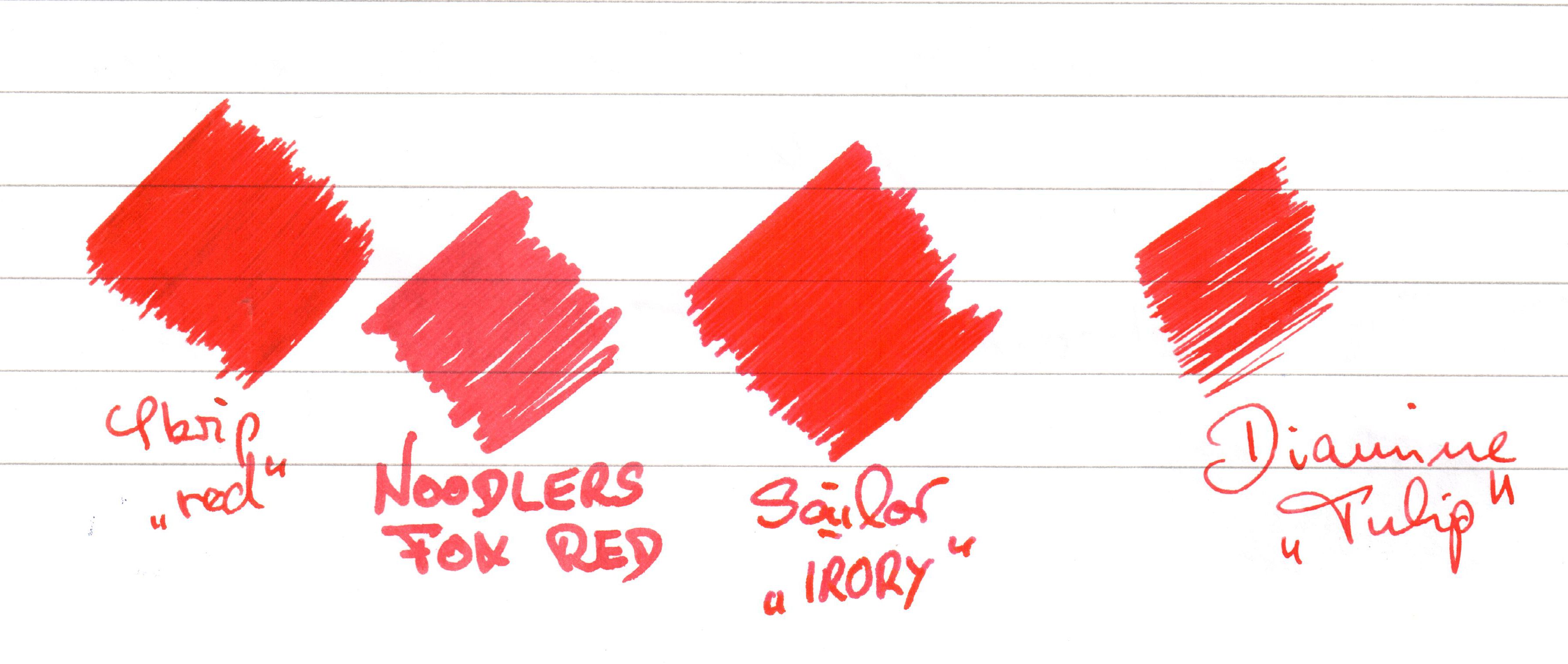 Farbbeispiele. Im Original ist die shaeffer Skrip, die dunkelste, gefolgt von der Tulip und der Fox. Irori ist die &quot;knalligste&quot; Tinte. Leider kann auch dieser Scanner rot nicht wirklich.