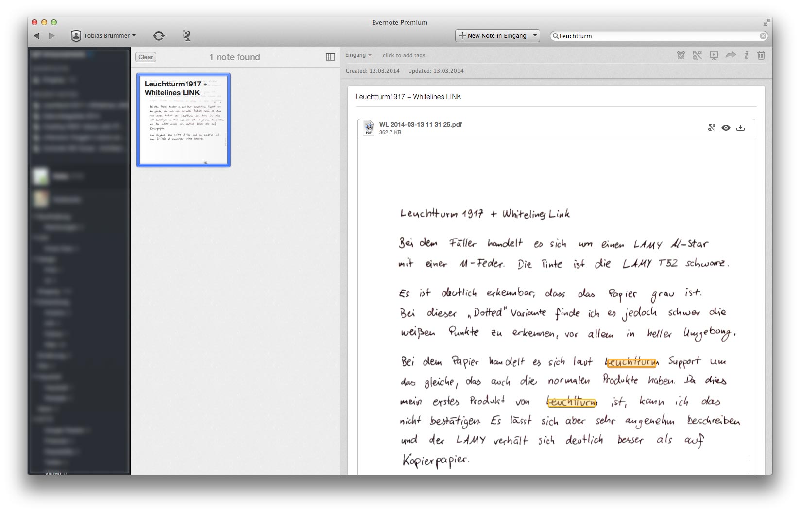 Erkennung des Wortes „Leuchtturm“ in Evernote in dem Scan der Whitelines Link App