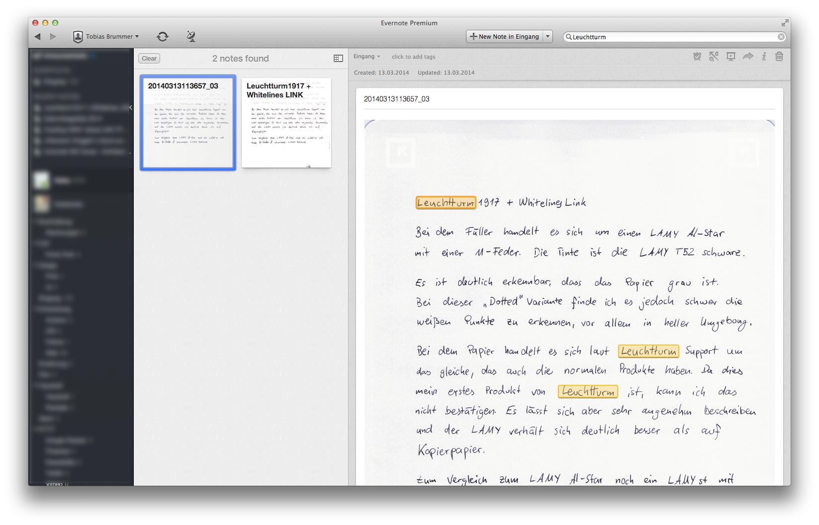 Erkennung des Wortes „Leuchtturm“ in Evernote in dem Scan vom ScanSnap