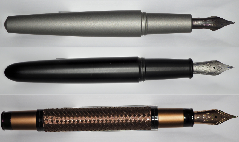 von unten: Monteverde Innova Formula M Bronze, Ensso Piuma Minimalist Japanese Ebonite, Namisu Titanium Bead Blasted