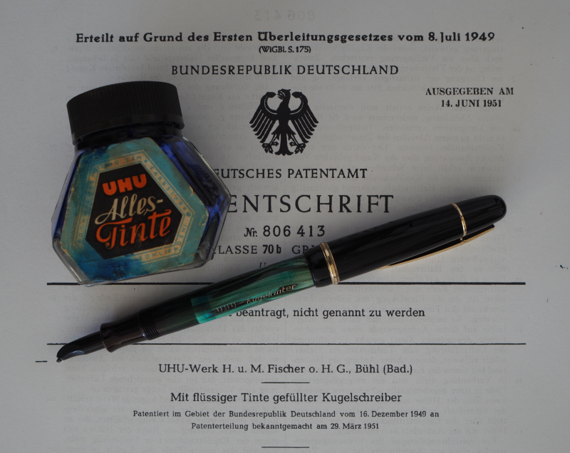 Patentschrift, UHU Kugeltinter der 2. Generation mit grün-goldener Binde