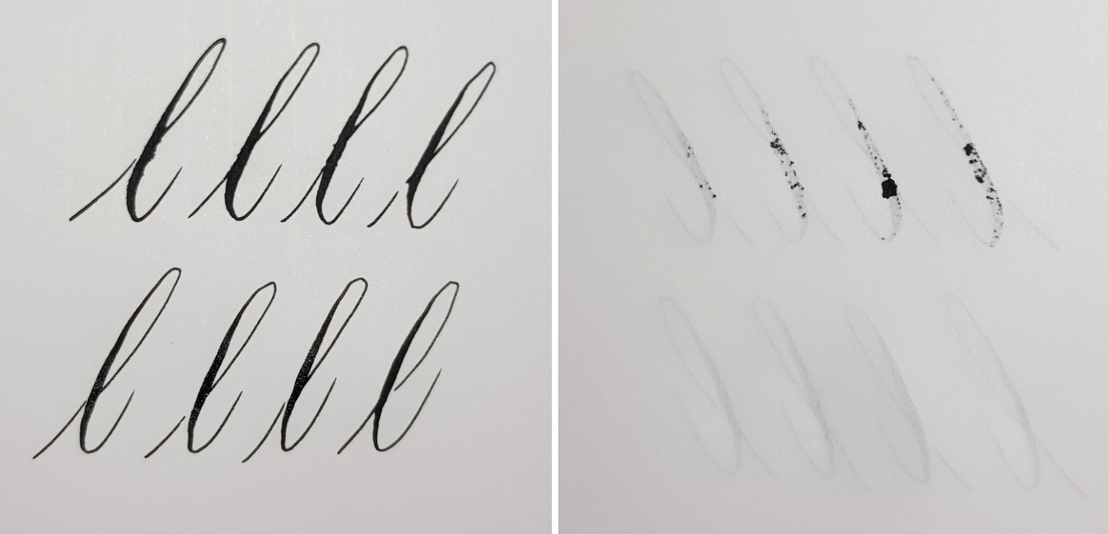 Oben Leipziger  unten Edelstein Onyx  Papier Clairefontaine, Leipziger franst leicht aus und schlägt durch.