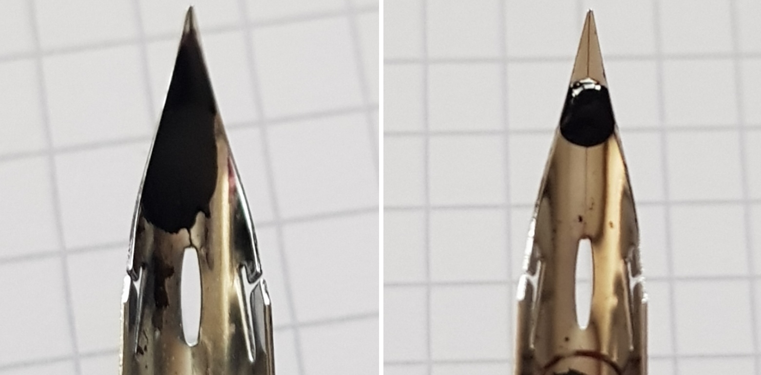 Links abgeflämmt, rechts unbehandelt und schreibunfähig