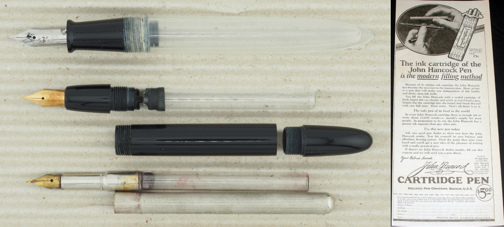 Eagle Pen, JiF-Waterman, Baignol Tank 400 (von unten); Werbung für John Hancock Pen (rechts)