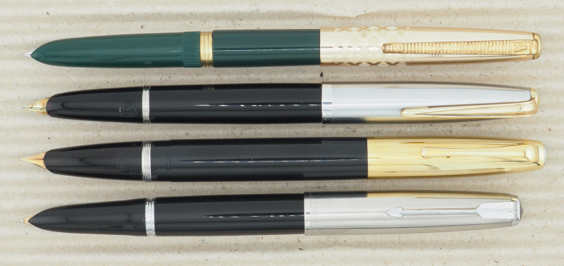 Das Design-Vorbild Parker 51, die Patronenfüller Aurora DuoCart, MPM DP², Lus Atomica (von unten)