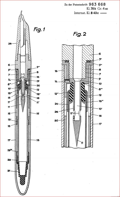 Schnitt-Zeichnungen aus dem deutschen Patent Nr. 963668; Fig. 1: Füller mit eingesetzter Patrone; Fig 2: Ausschnitt des Bereichs um den Dorn