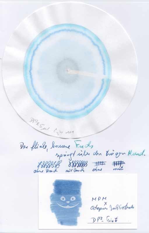 Chromatogramm (Propanol-Wasser 1+1), Swatch und Schreibprobe der aufbereiteten Original-Tinte