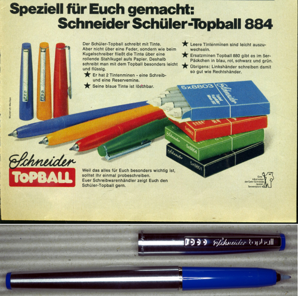 Schneider topball, darüber eine Werbung für das Schülermodell von 1978