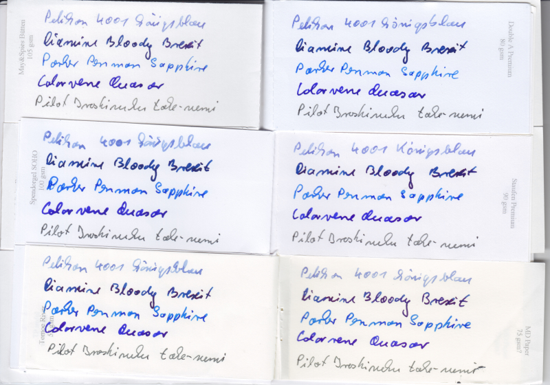 Schriftproben mit verschiedenen Tinten in transparenter Mine