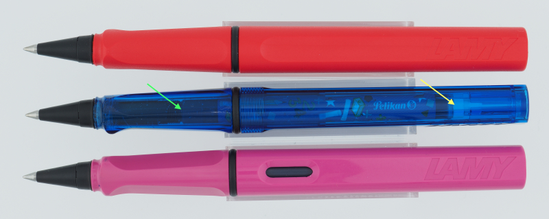 Die drei Modelle nach dem Umbau: Lamy Safari Rollerball, Lamy Balloon, Lamy Safari Füllhalter (die Bedeutung der Pfeile beim Lamy Balloon wird im Text erklärt)