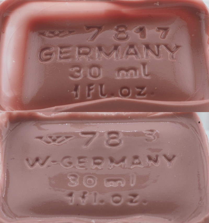Glasböden vor (oben) und nach 1984 mit geänderter Herkunftsbezeichnung; die Glashütte ist ab dem Zeitraum 3 ständig die Wisthoff GmbH aus Essen, ab 2004 umbenannt in Gerresheimer Essen GmbH)