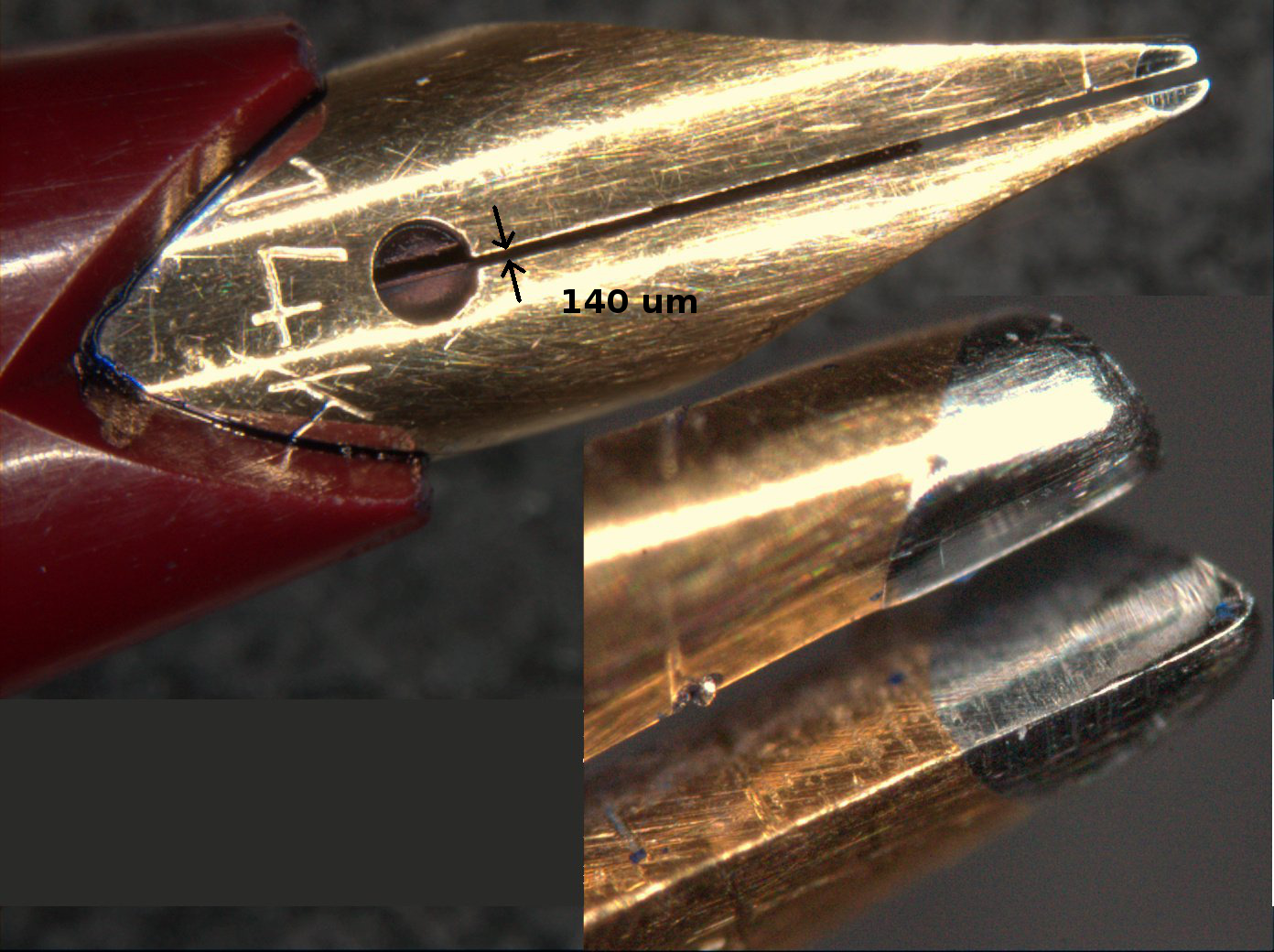 Ansicht von oben; Spaltbreite: ca. 144 µm; der Federspalt hat in Bezug auf die Nut im Tintenleiter einen leichten Versatz