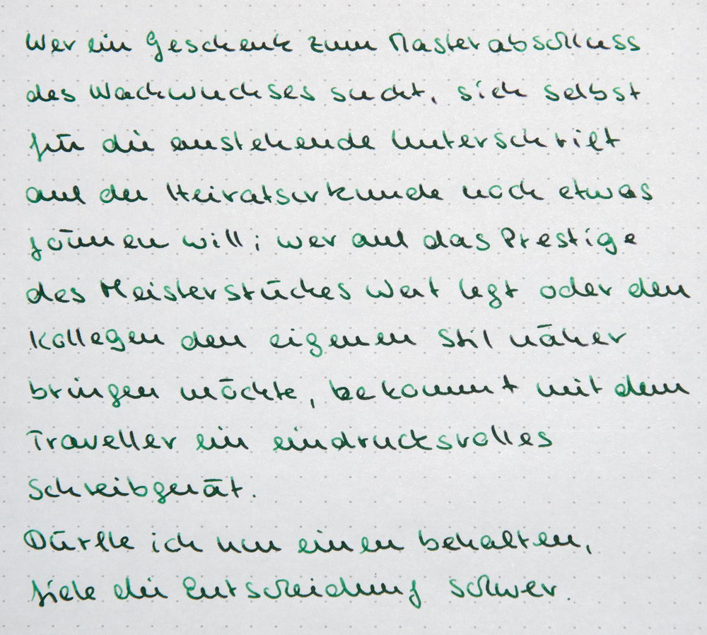 Schreibprobe Montblanc LeGrand 147 &quot;The Traveller&quot;, Irish Green Ink, 14 K Feder &quot;M&quot;