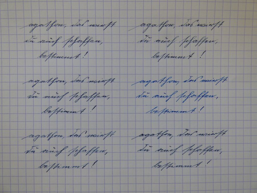 oben links:    Spitzfeder Soenneken 075 EF<br />oben rechts:  Pelikan 400 N EEF Feder<br />mitte links:     Pelikan 100N EF Feder<br />mitte rechts:   Pilot Falcon SEF Diamine Royalblue<br />unten links:   Pelikan 400 EF Feder<br />unten rechts: Montblanc 256 EF Feder<br /> Tinte: Pelikan 4001 blau-schwarz, <br />Papier: Clairefontaine 90 g
