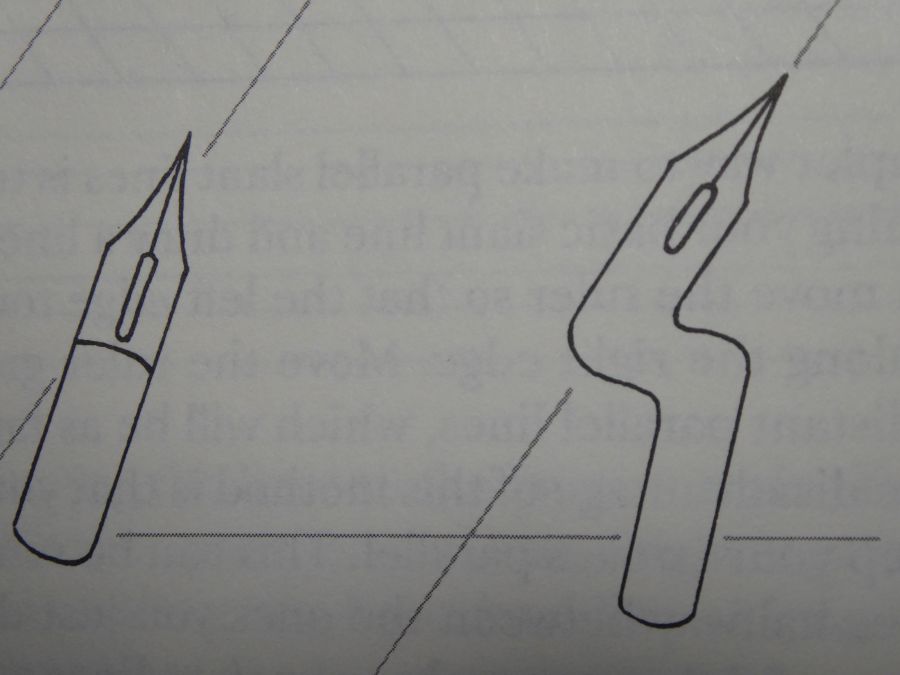 Hier siehst du wie die Feder bei normaler Federhaltung und mit Obliquepenholder auf dem Papier steht.