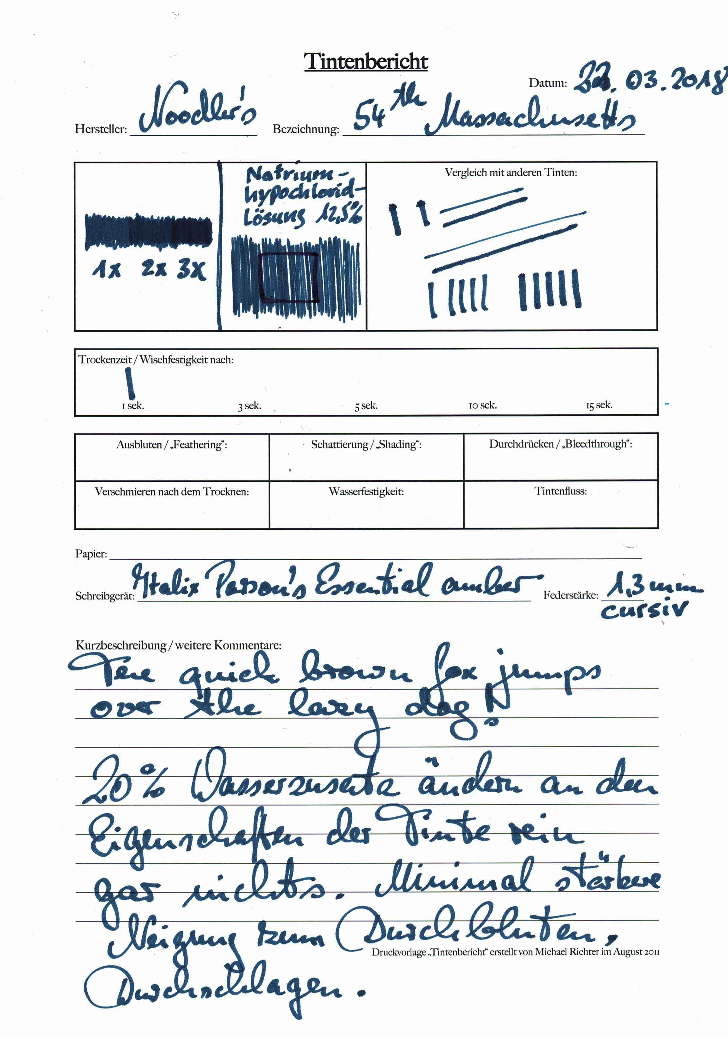 Test mit verdünnter Tinte (20% Wasser) und mit Natriumhypochloridlösung 12,5%.