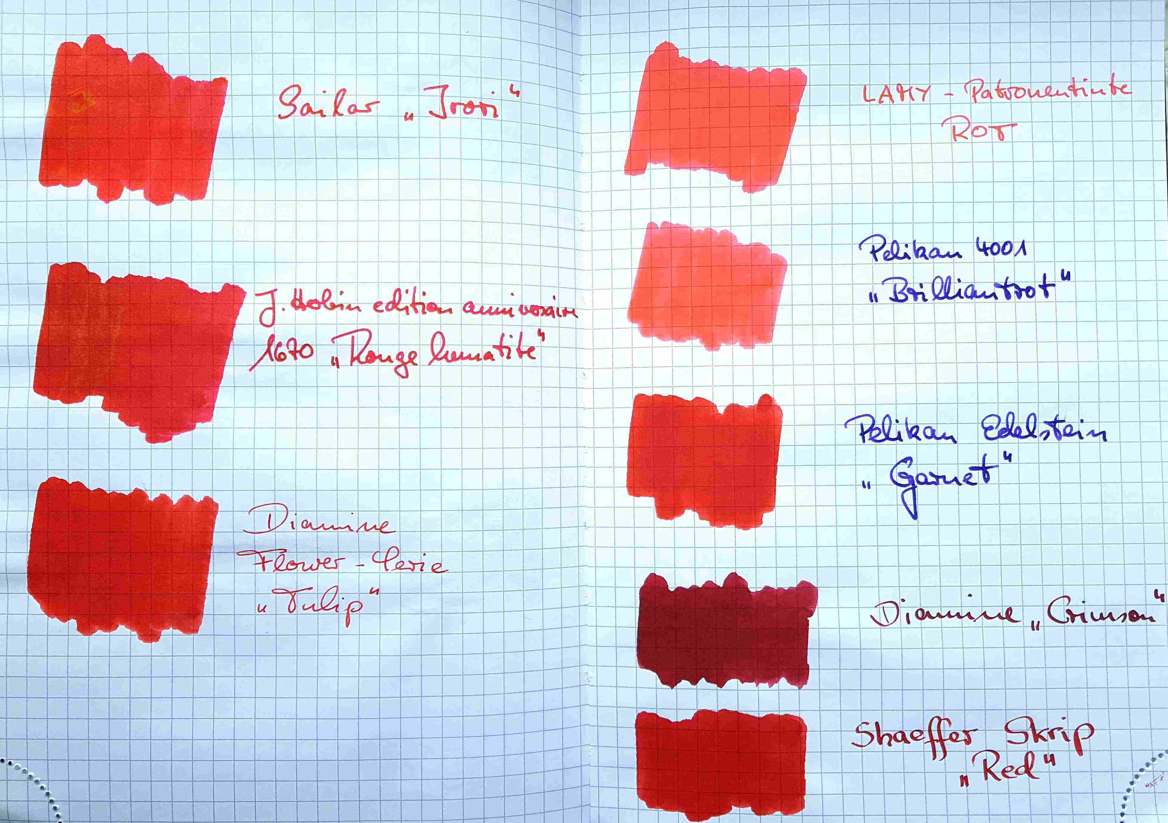 Farbvergleich verschiedener Rottöne.