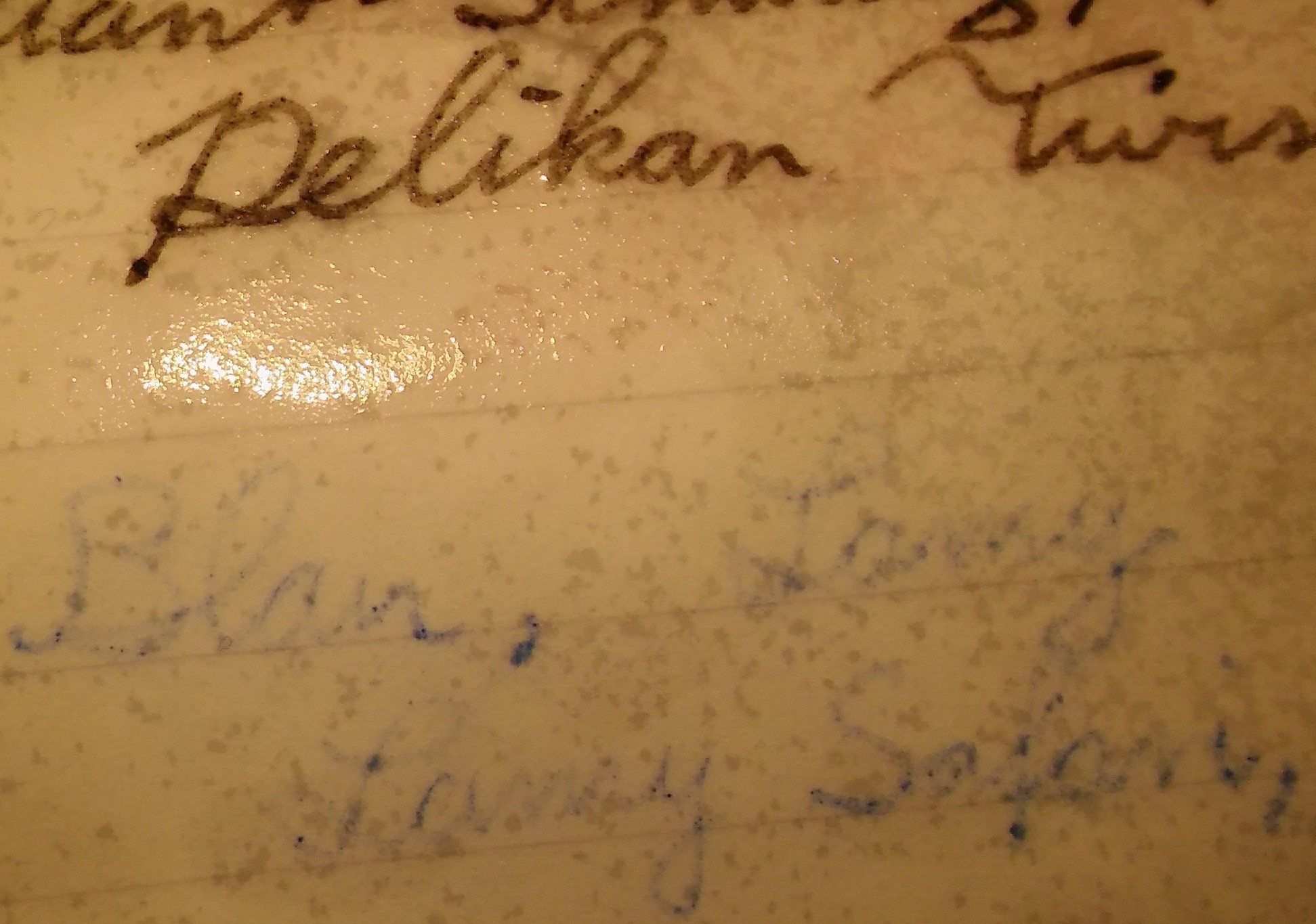 Oben 4001-Schwarz. Viel Farbstoff wird abgewaschen, ein Teil bleibt im Papier stehen.<br /><br />Unten Lamy-Blau. Wäre das Papier besser, wäre dort wohl nichts geblieben.