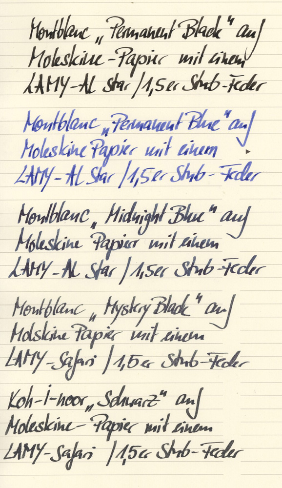 Vorderseite der Tinten auf Moleskine-Papier